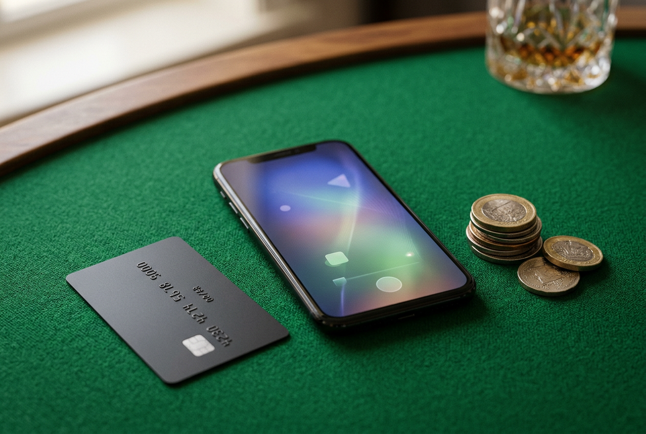 Štýlový flat-lay neoznačenej platobnej karty, malej kopy mincí a smartfónu na kasínovom plátne