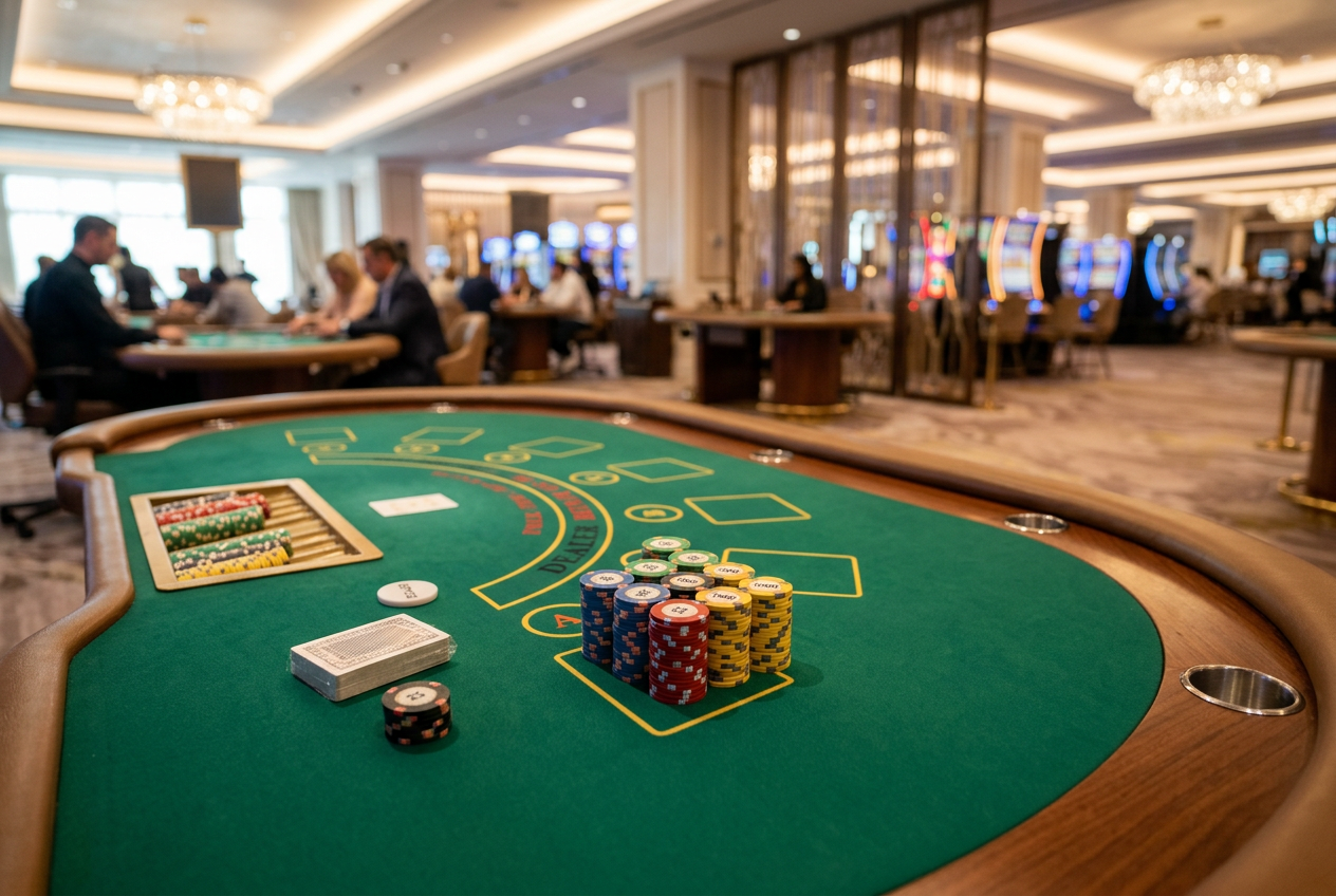 Svetlý a moderný interiér prémiového kasína s pokerovým stolom a žetónmi