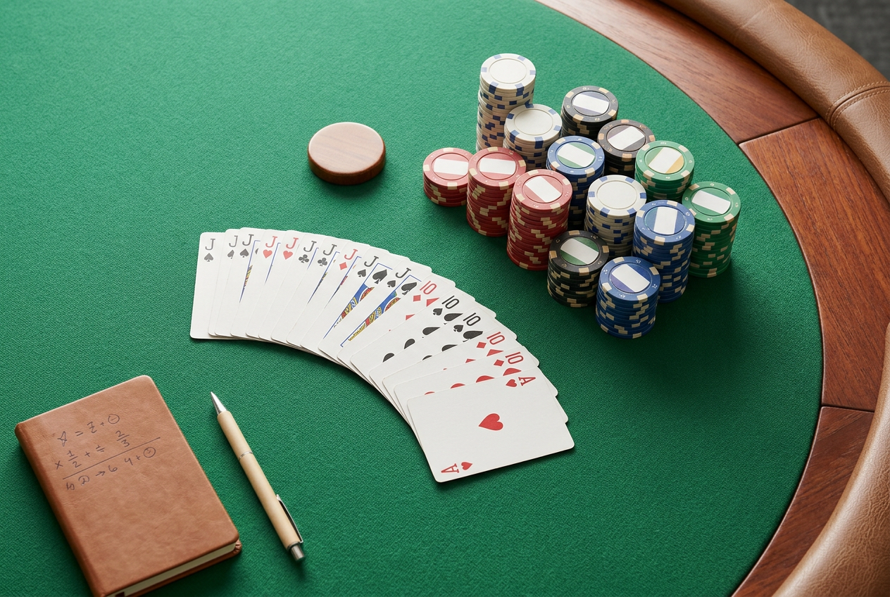 Usporiadané pokerové žetóny a hracie karty na zelenom sukne v čistom kompozičnom štýle